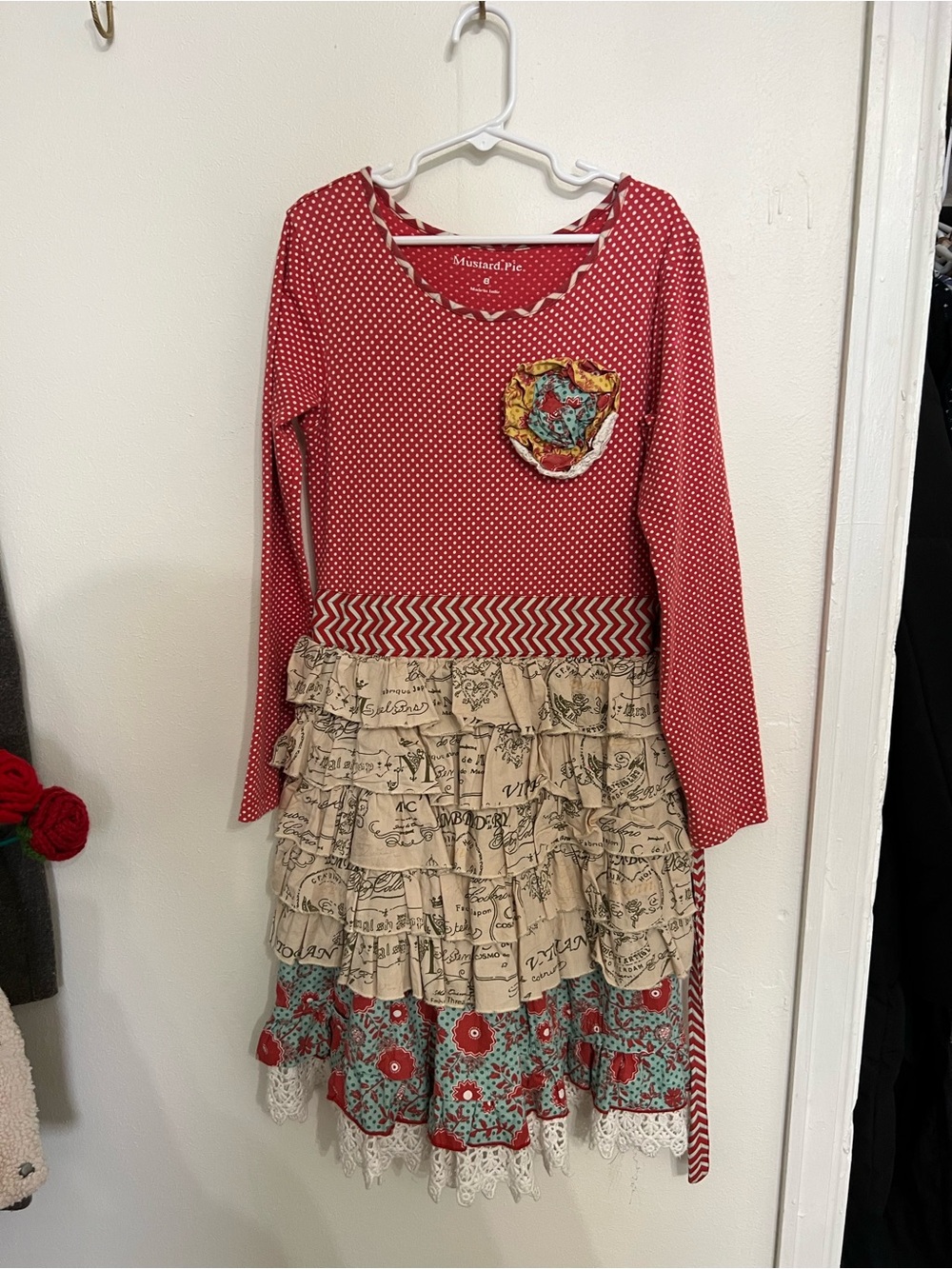 Mustard Pie Red Polka Dot Mixed-Print Ruffle Apron Dress